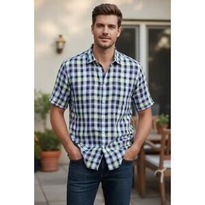 Thomas Dean Plaid Button Down Shirt XL 100% Cotton Short Sleeve Purple Green